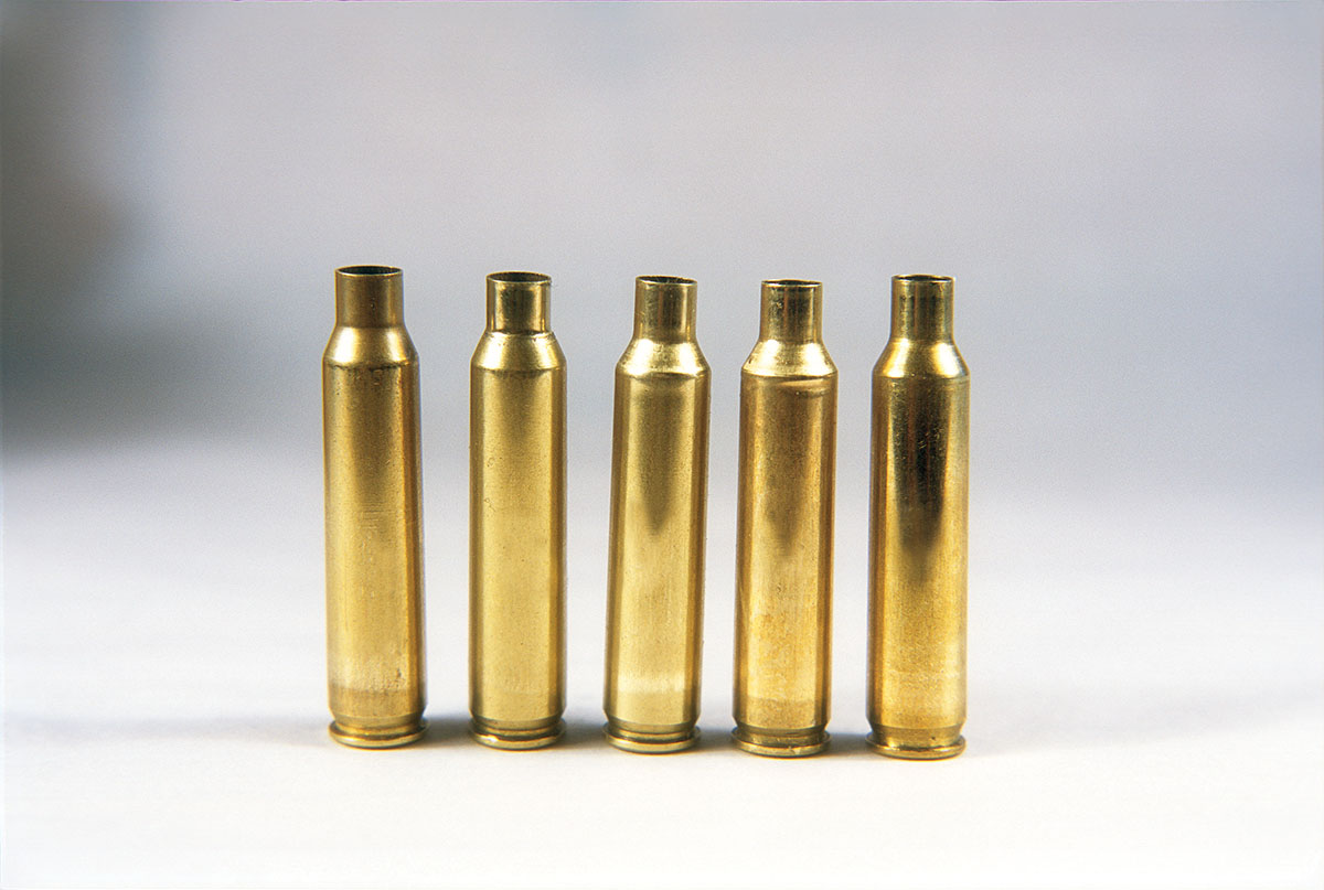 From left: the 223 Remington case full-length resized, a case run through the 20 Tactical seating die, a case full-length sized in the 20 Tactical die, the 223 Remington case after form-and-trim die use (note the wrinkle below the shoulder), the 20 Tactical case fireformed.